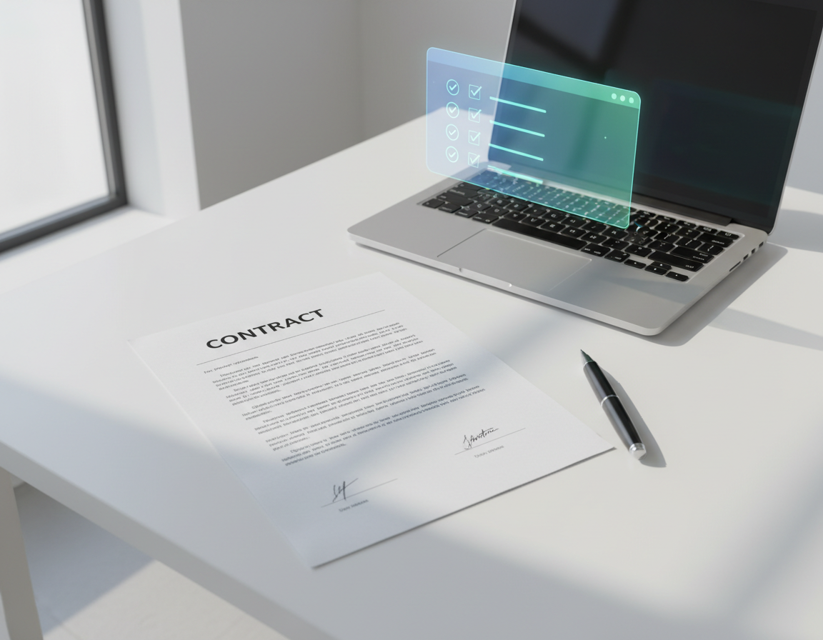 Laptop, calculator, and paperwork on an accountant's desk